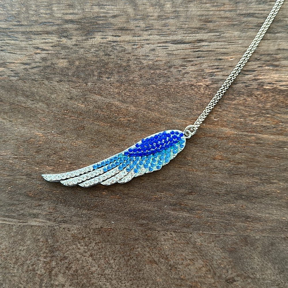 Crystal beaded angel wing with blue and clear crystals